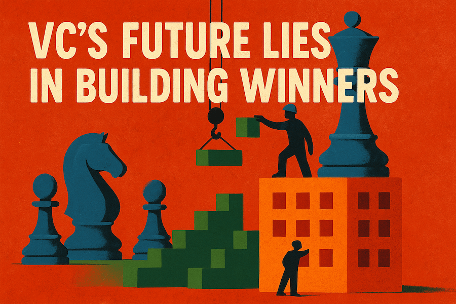text: VC’s Future Lies In Building Winners and depicts construction workers building a chess city