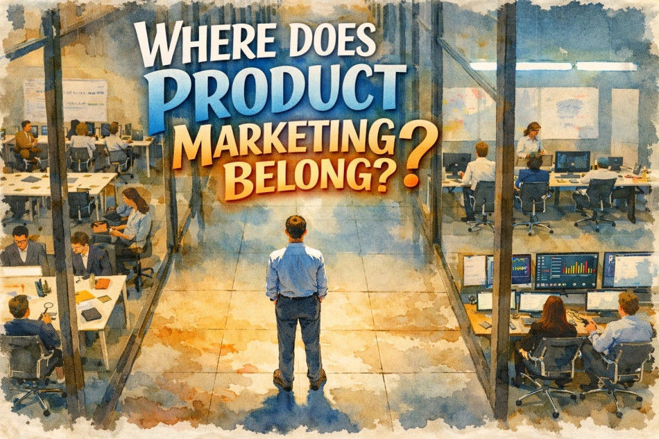 A man standing between a marketing office and a product bullpen